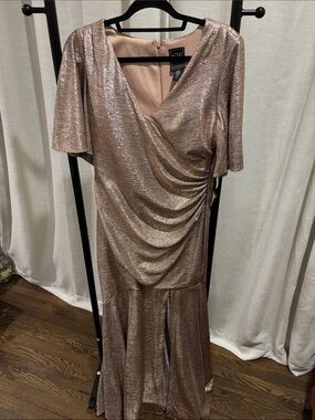 Metallic Rose Gold V-Neck Ruched Evening Dress by NW NIGHTWAY